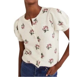 Boden Printed Puff Sleeve Wool Alpaca Blend Cardigan Floral Short Sleeve Sweater